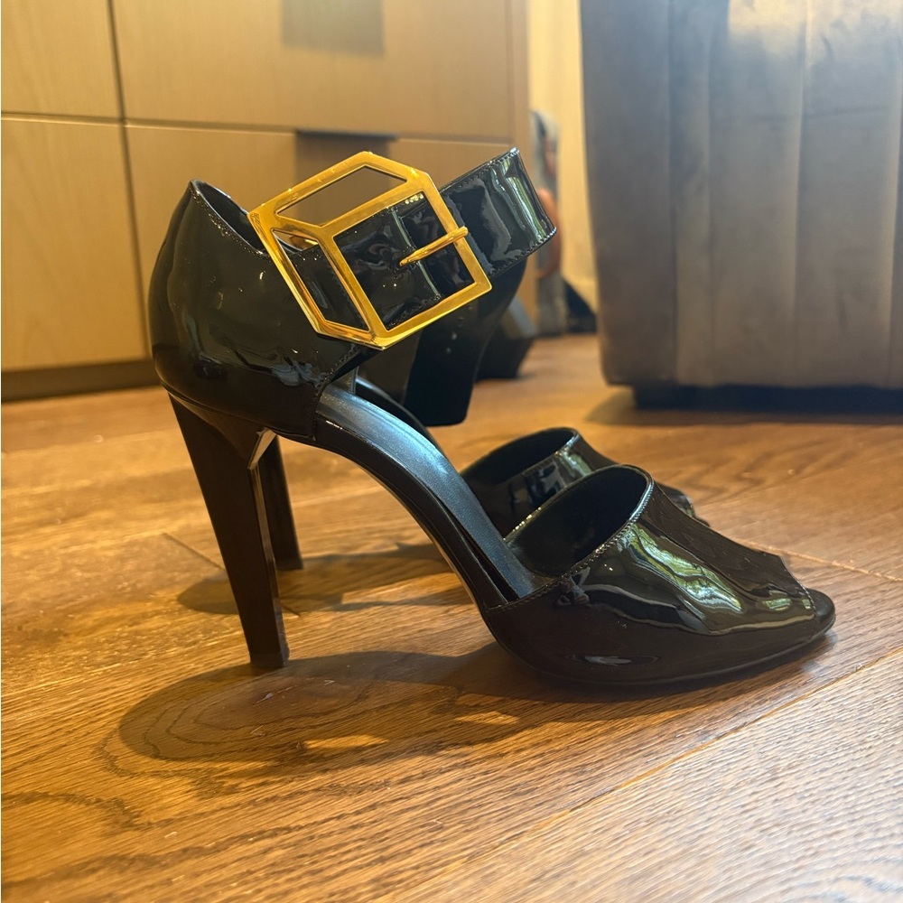 Pierre Hardy Black Patent Heels with Gold Buckle